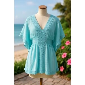 Cotton Natural Womens XXL Sky Blue 100% Cotton Crochet Boho Lagenlook Tunic Top